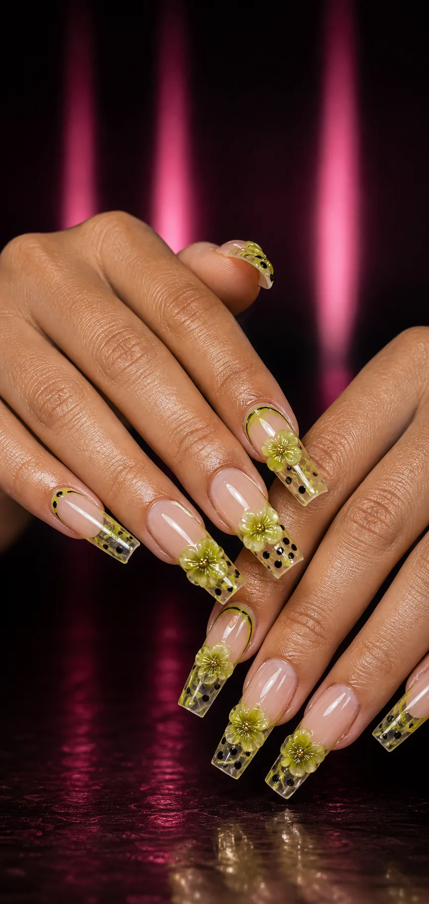 Nude jelly nails with lime floral accents