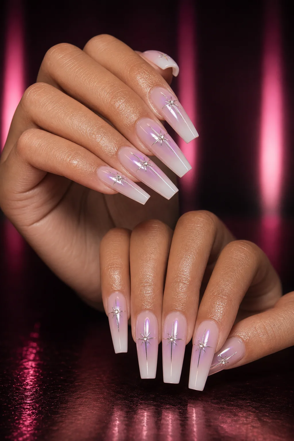 Blush aura coffin nails with silver star crystals