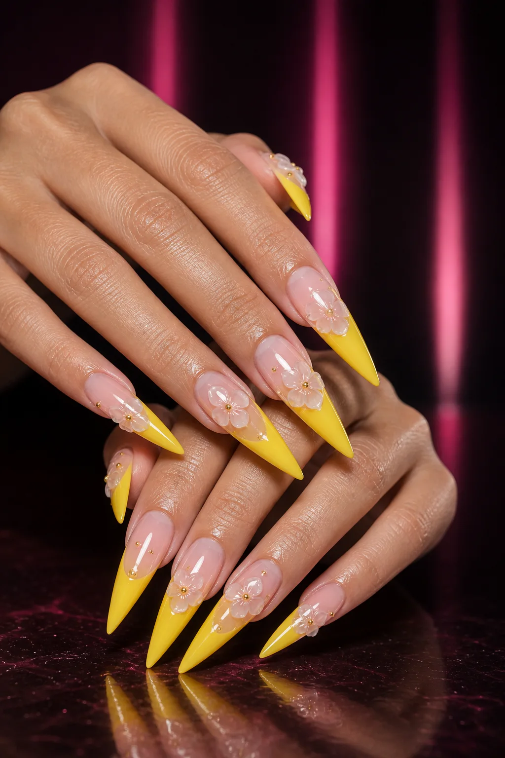 Lemon French nail art with translucent blossom details