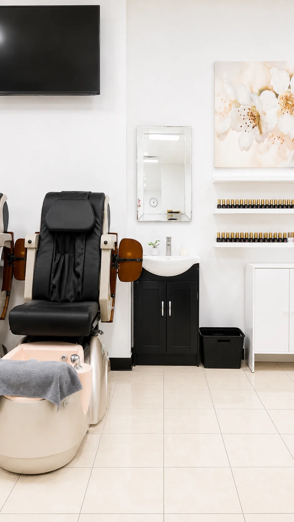 Private pedicure station and polish wall at Ann’s Nail Spa